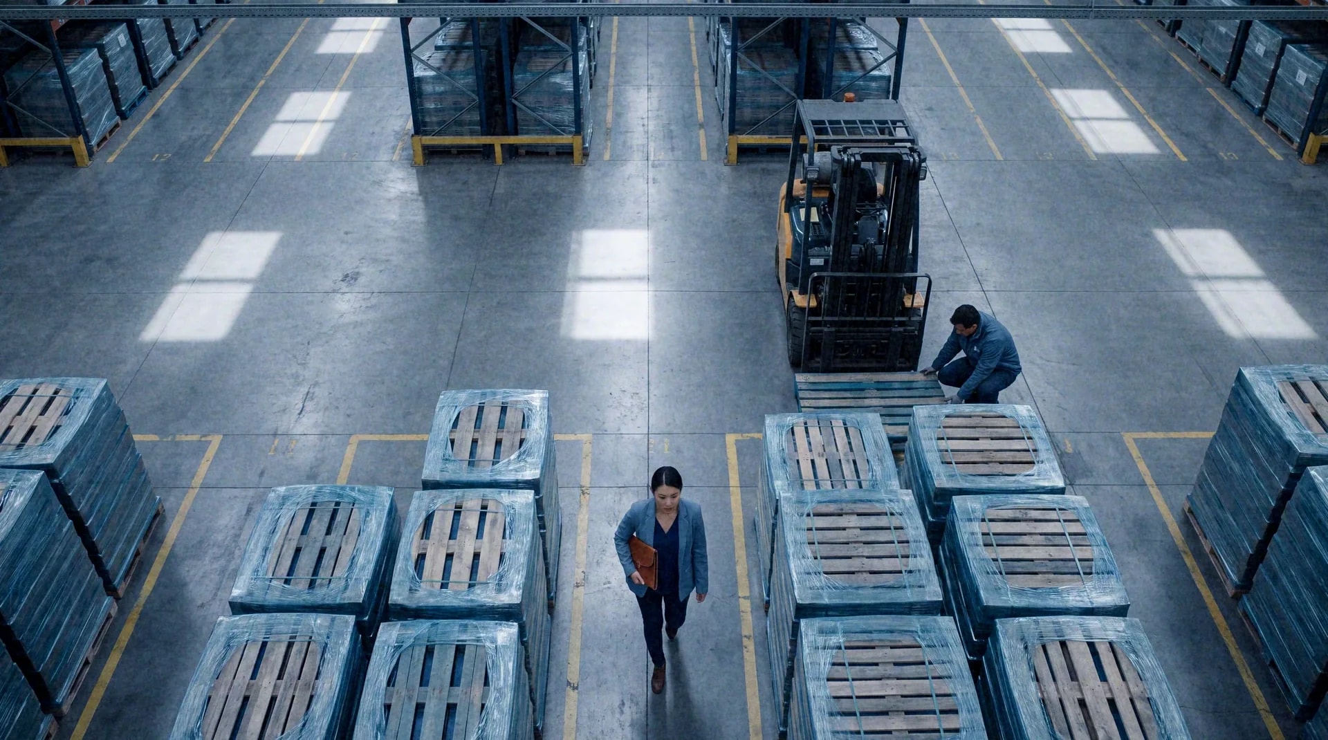 Vista cenital de una bodega: una ejecutiva camina entre filas de pallets.