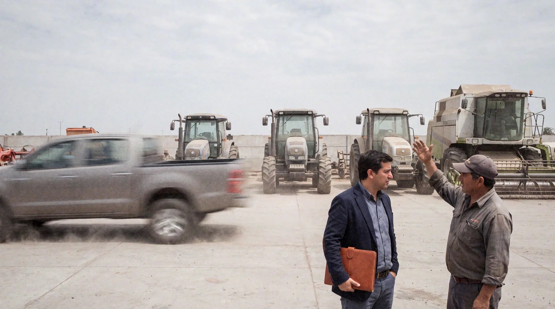A sales rep talks with a farmer in an agricultural machinery yard.