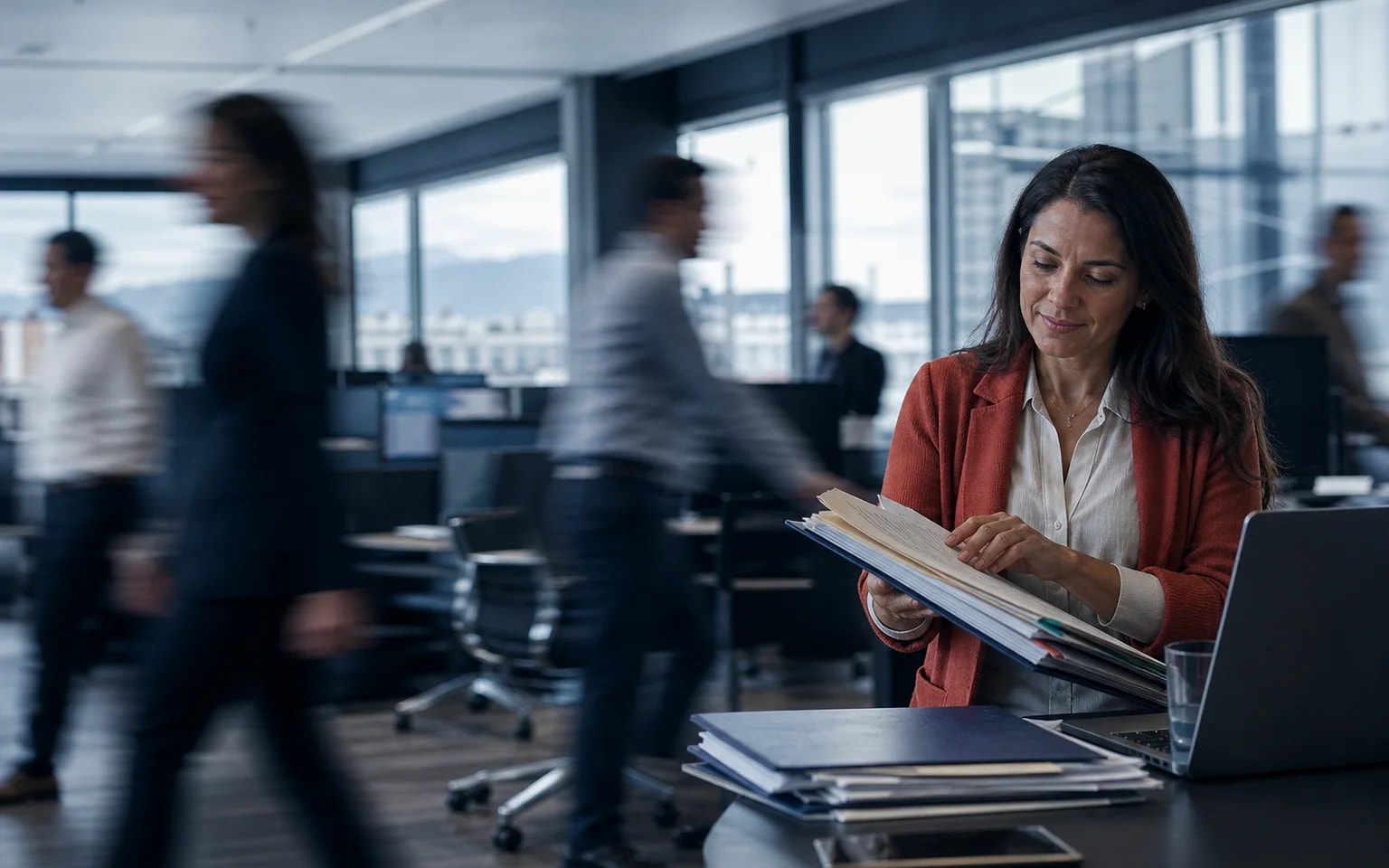 A salesperson flips through folders of past clients while the office moves around her.