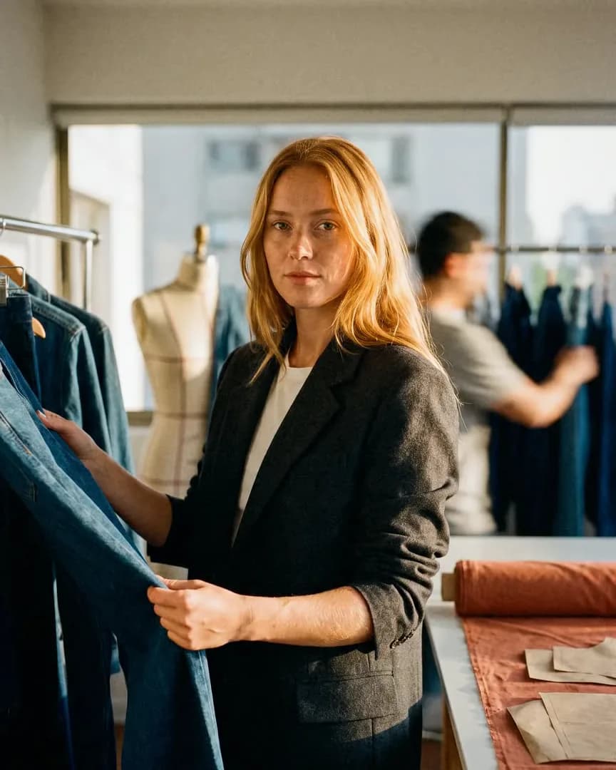 La dueña de una marca de ropa revisa una muestra en su taller.