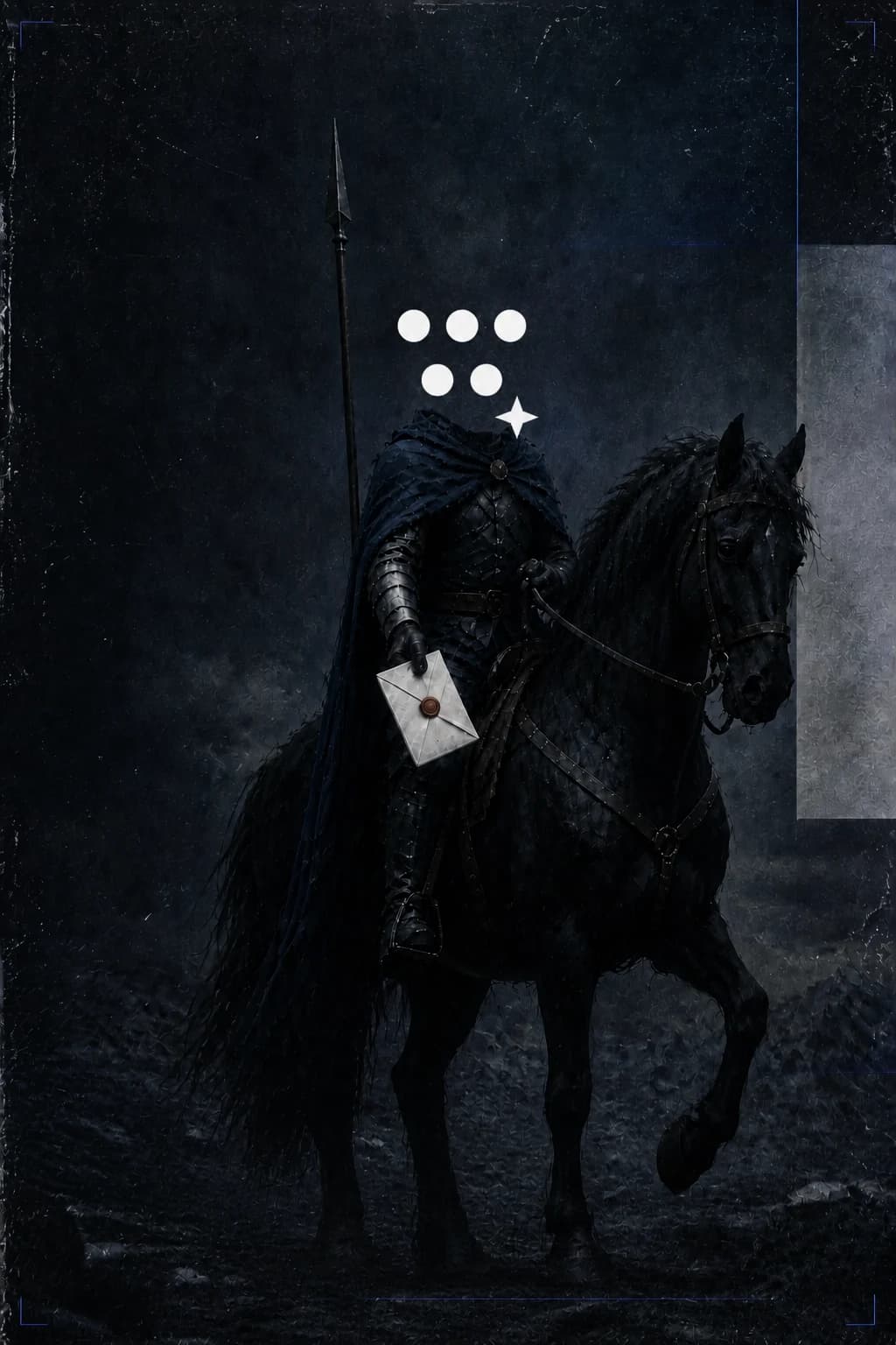 Caballero mensajero de armadura oscura sobre un caballo negro, con un sobre sellado y la señal de Striker sobre el casco.