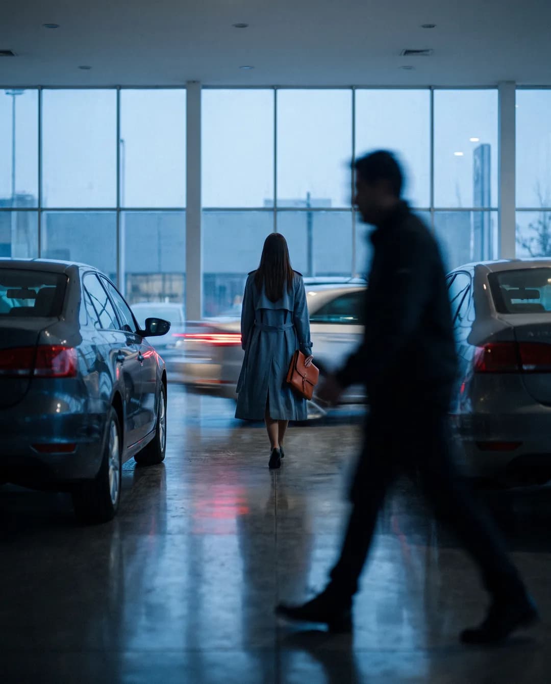 An executive walks the floor of a car dealership between two cars.
