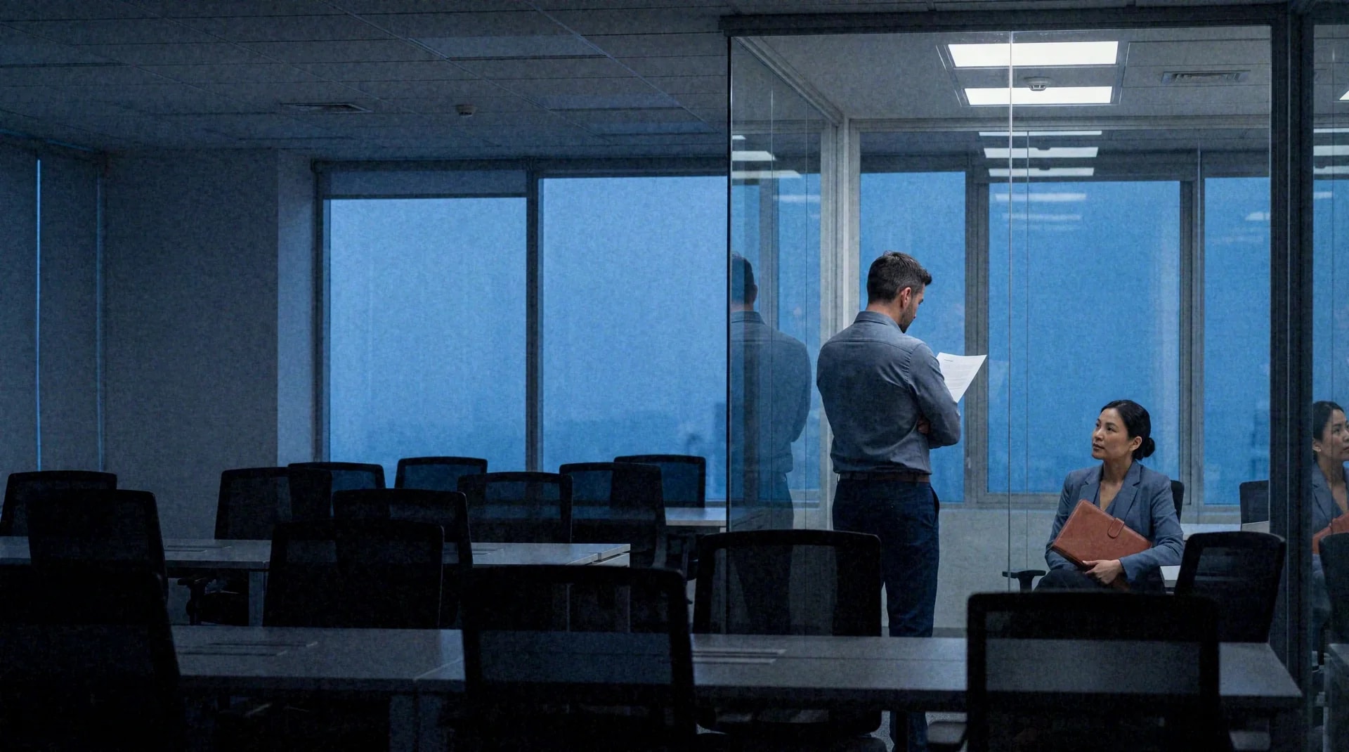 Oficina vacía de noche: dos personas revisan un documento en la sala de vidrio.