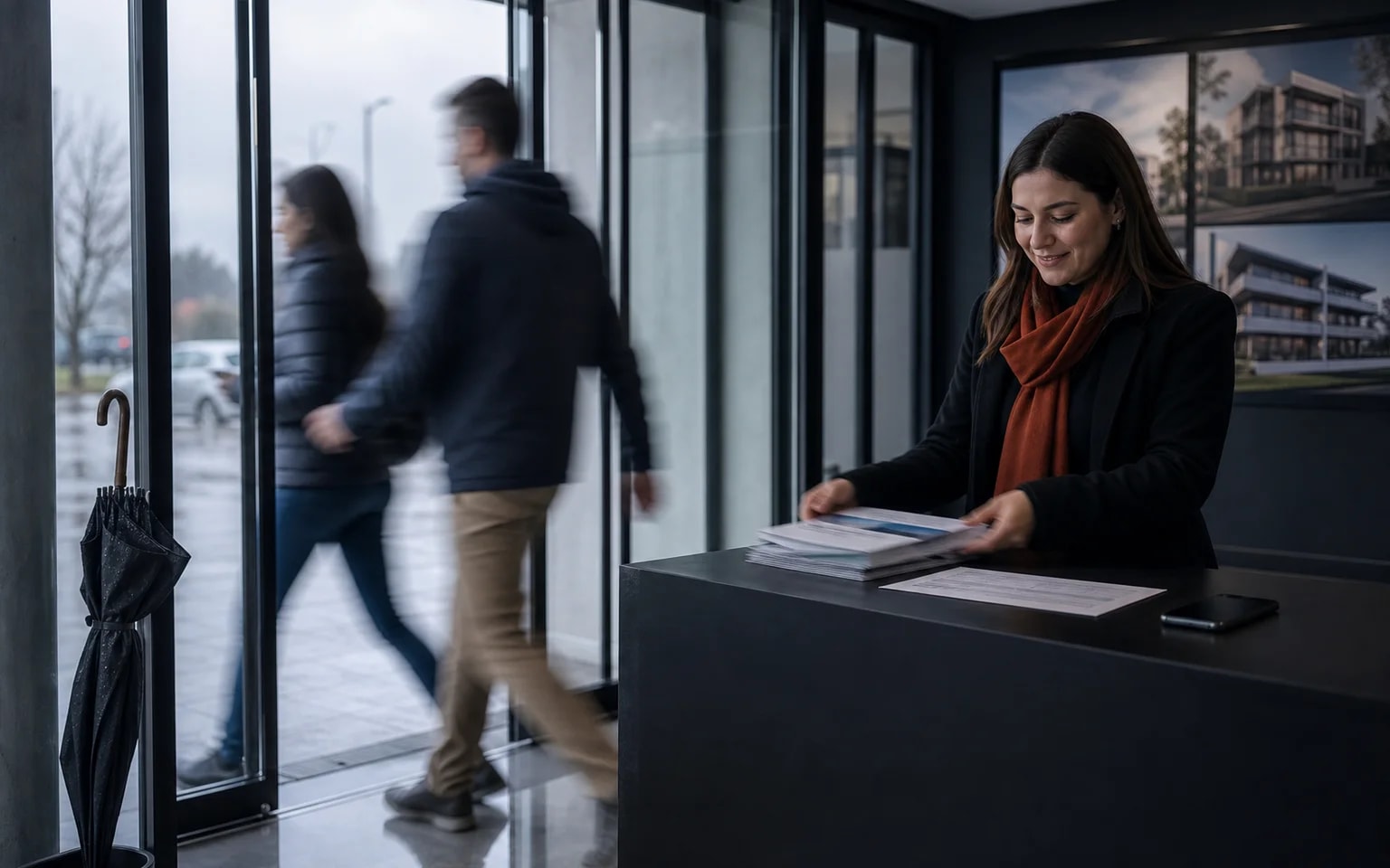 A sales-room reception with the printed visit schedule and a phone on the counter.