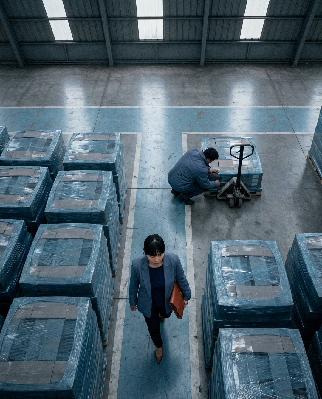Vista cenital de una bodega: una ejecutiva camina entre filas de pallets.