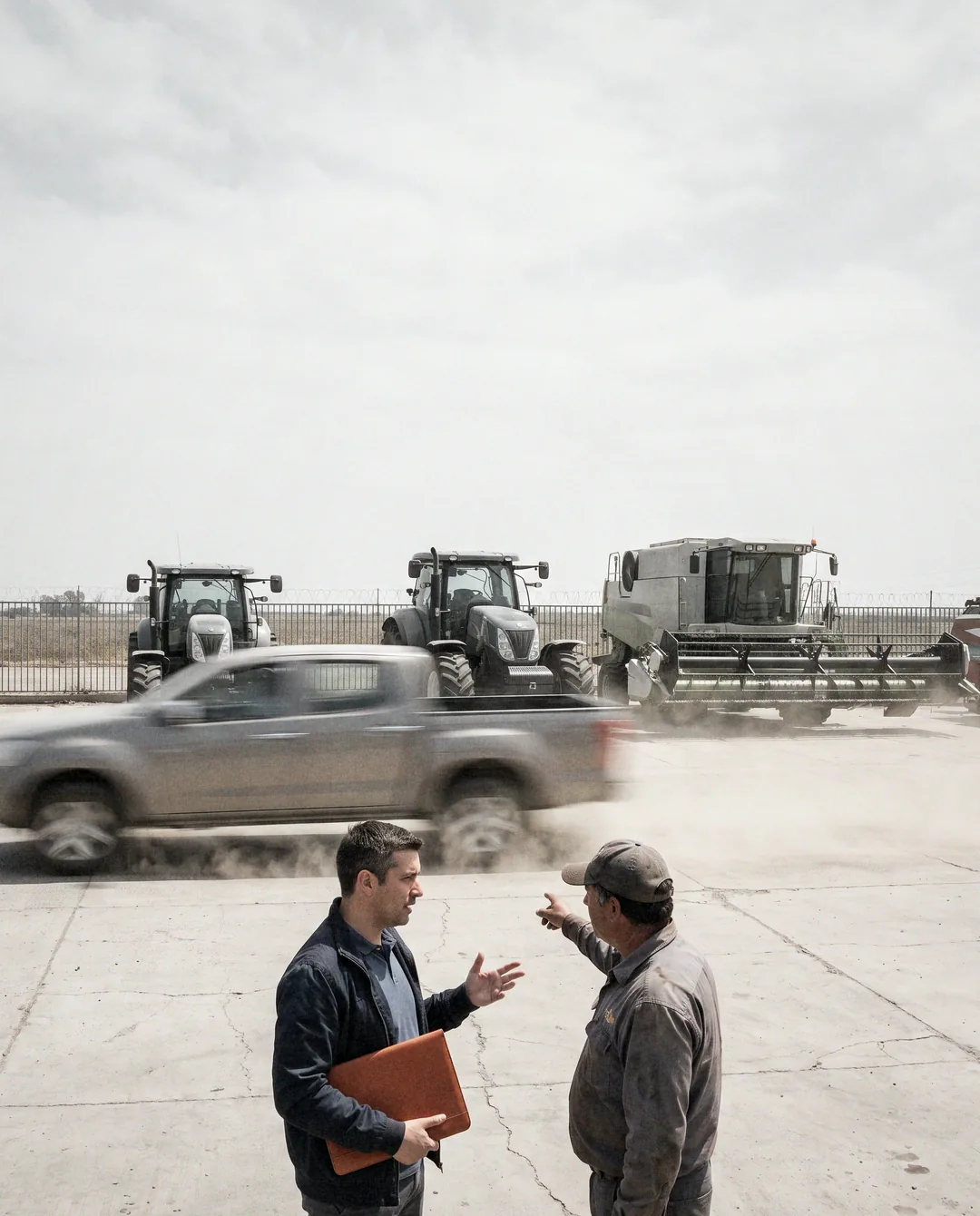 Un vendedor conversa con un agricultor en un patio de maquinaria agrícola.